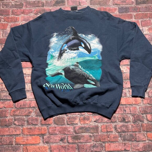 Vintage Sea World Sweatshirt Mens Size Small Blue Orca Whale Nature 90s Skater - Picture 1 of 5